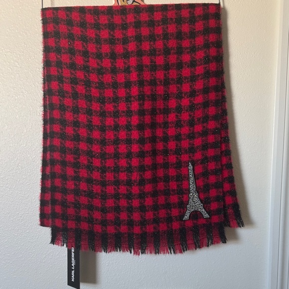 Karl Lagerfeld Red and Black ✨ glitter Scarf with Eiffel Tower Paris Design - Picture 7 of 11
